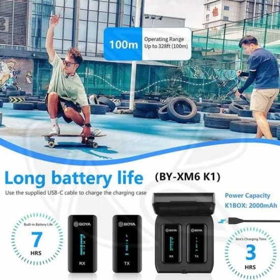 BOYA 2.4GHz Wireless Microphone (1Transmitter+1Receiver) Charging Box Included, Colourful Colors Avalaible- Black